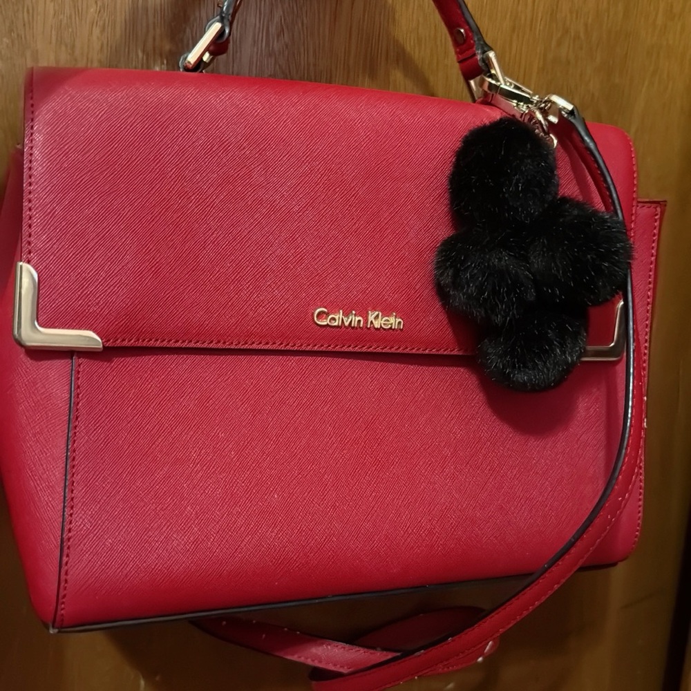 Calvin Klein Red Satchel with Black Accent